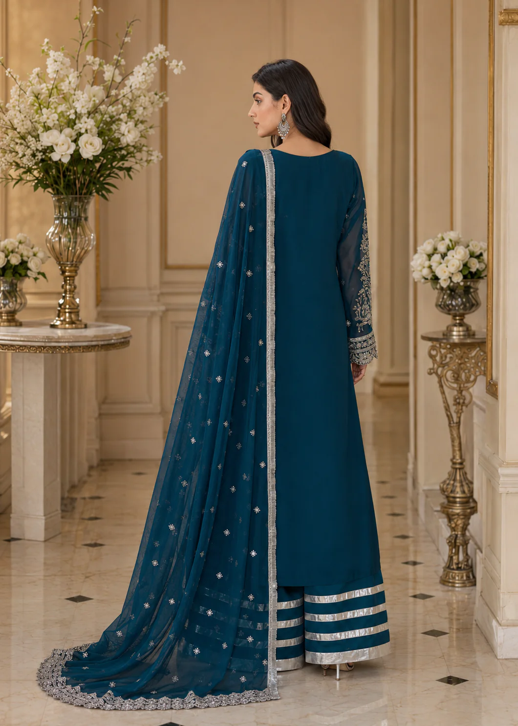 Teal Blue Embroidered 3-Piece Suit