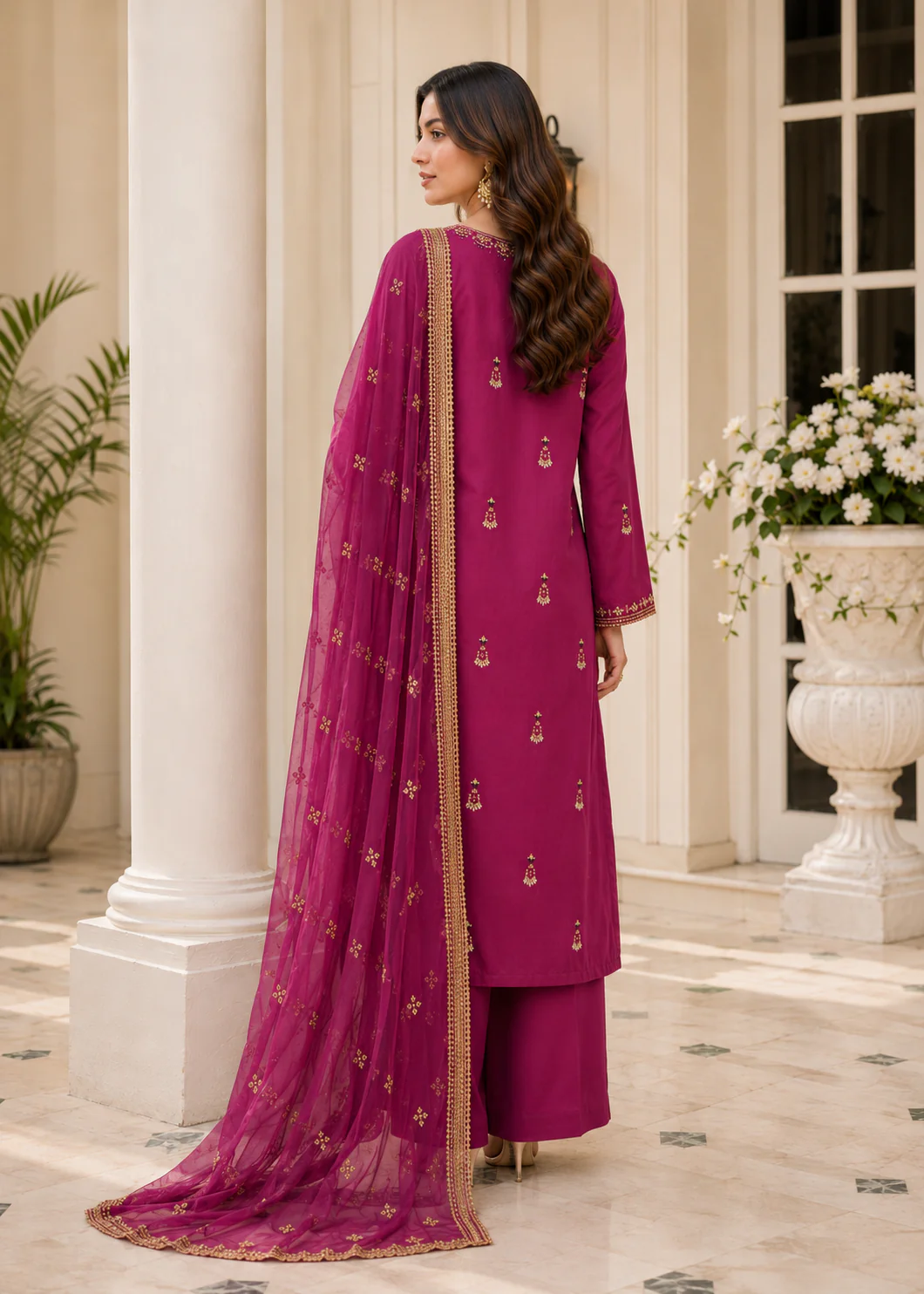 Magenta Embroidered 3-Piece Lawn Suit