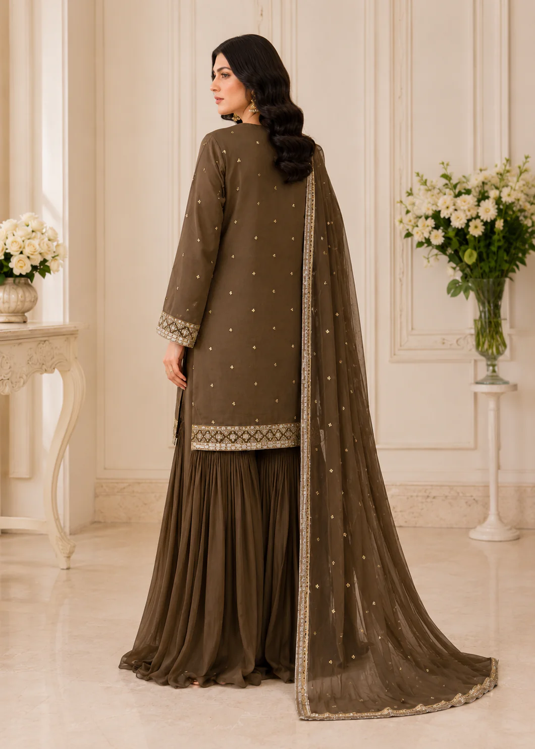 Olive Brown Embroidered 3-Piece Gharara Suit
