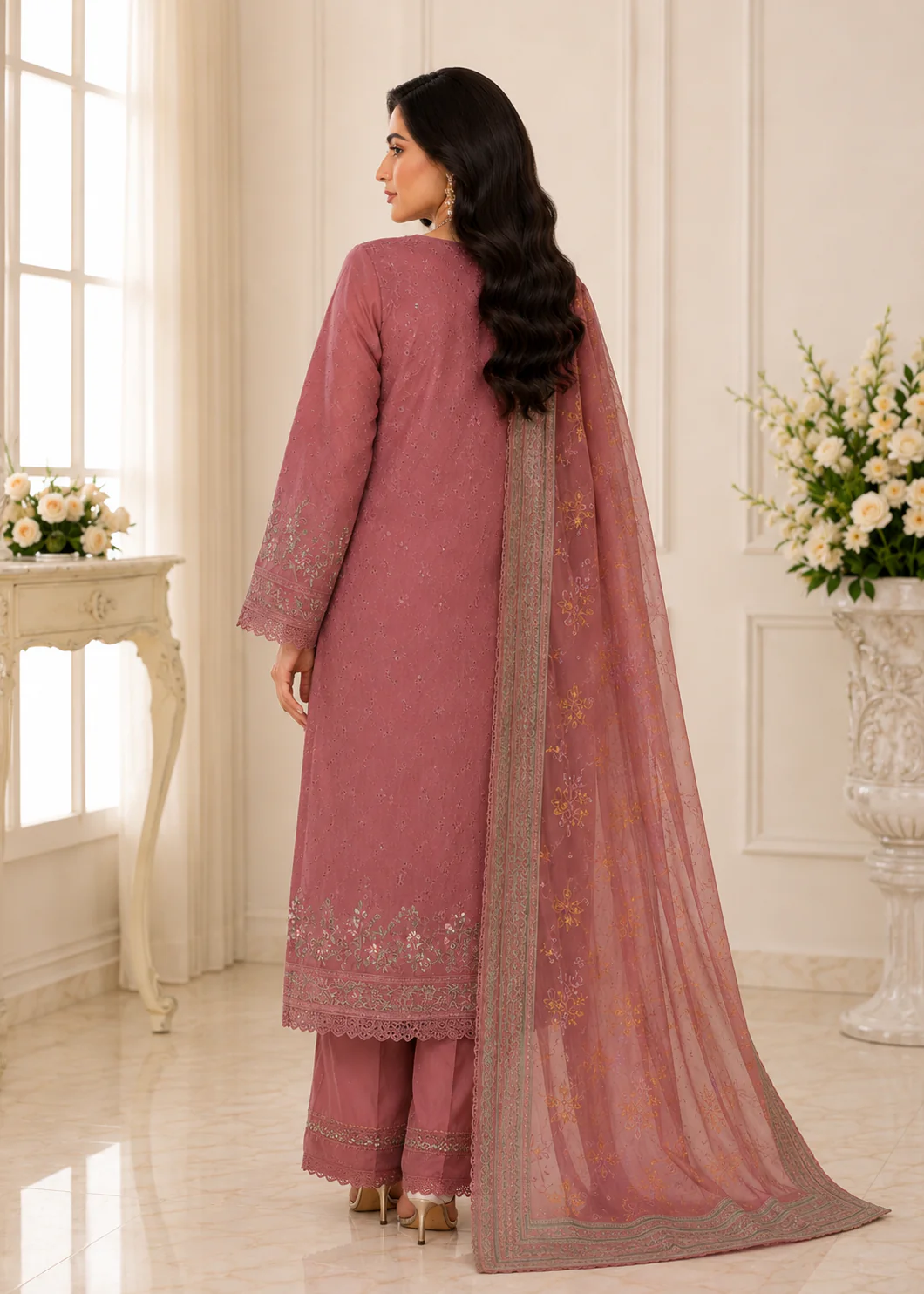 Dusty Rose Embroidered 3-Piece Lawn Suit