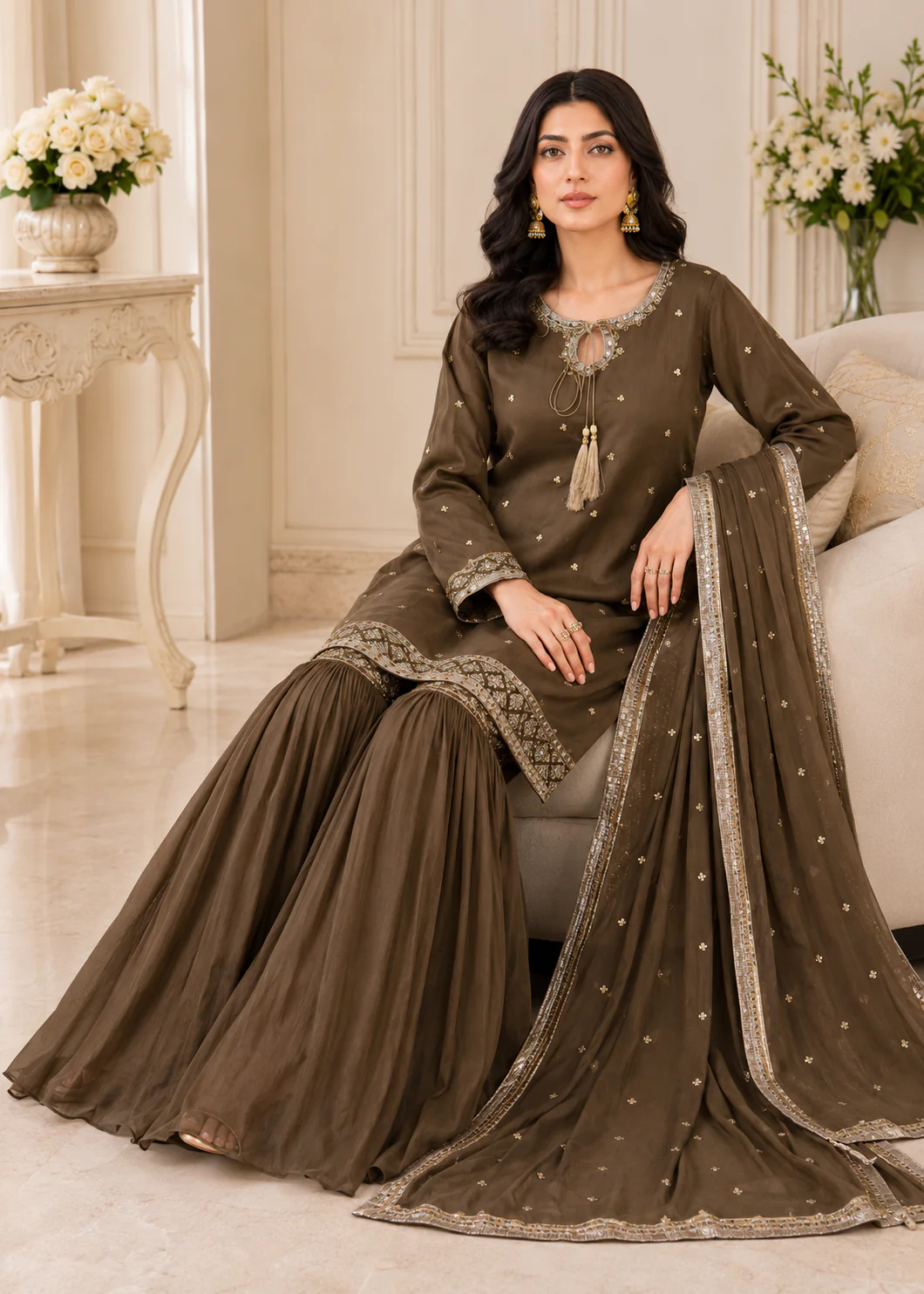 Olive Brown Embroidered 3-Piece Gharara Suit