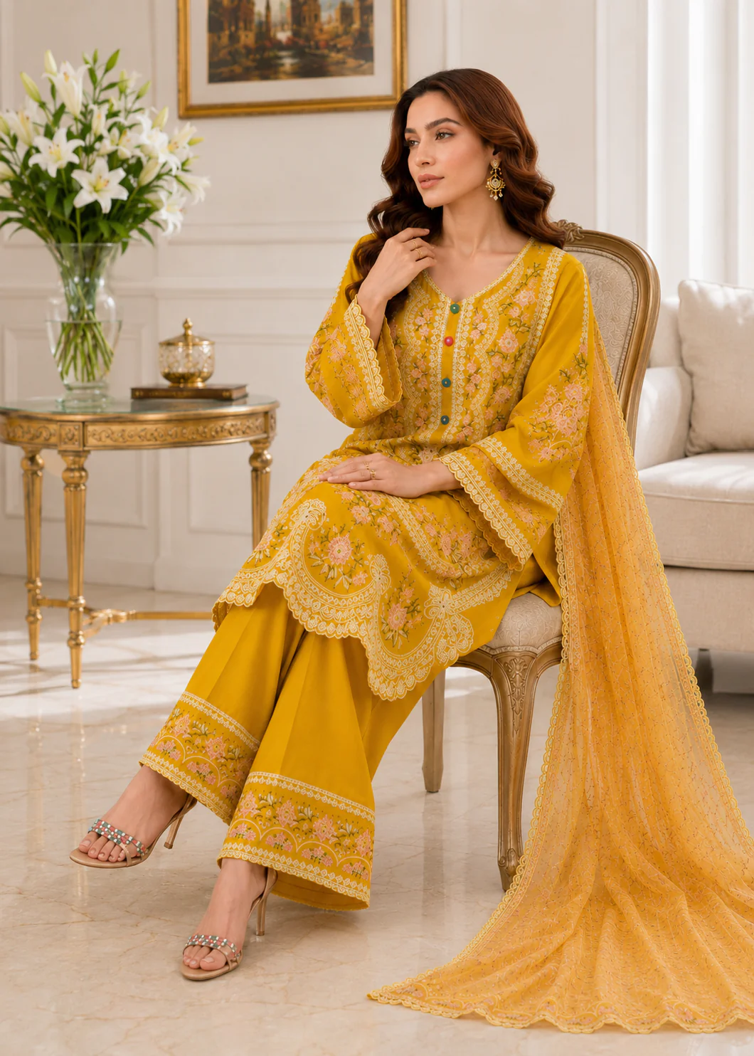 Mustard Embroidered 3-Piece Lawn Suit
