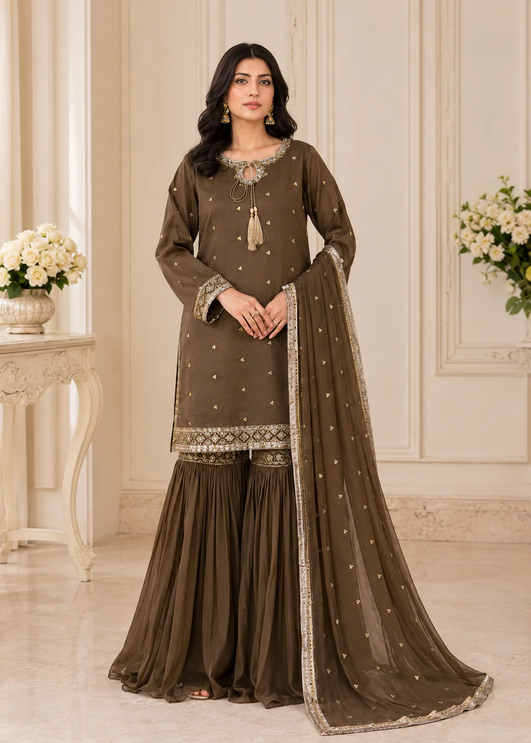 Olive Brown Embroidered 3-Piece Gharara Suit