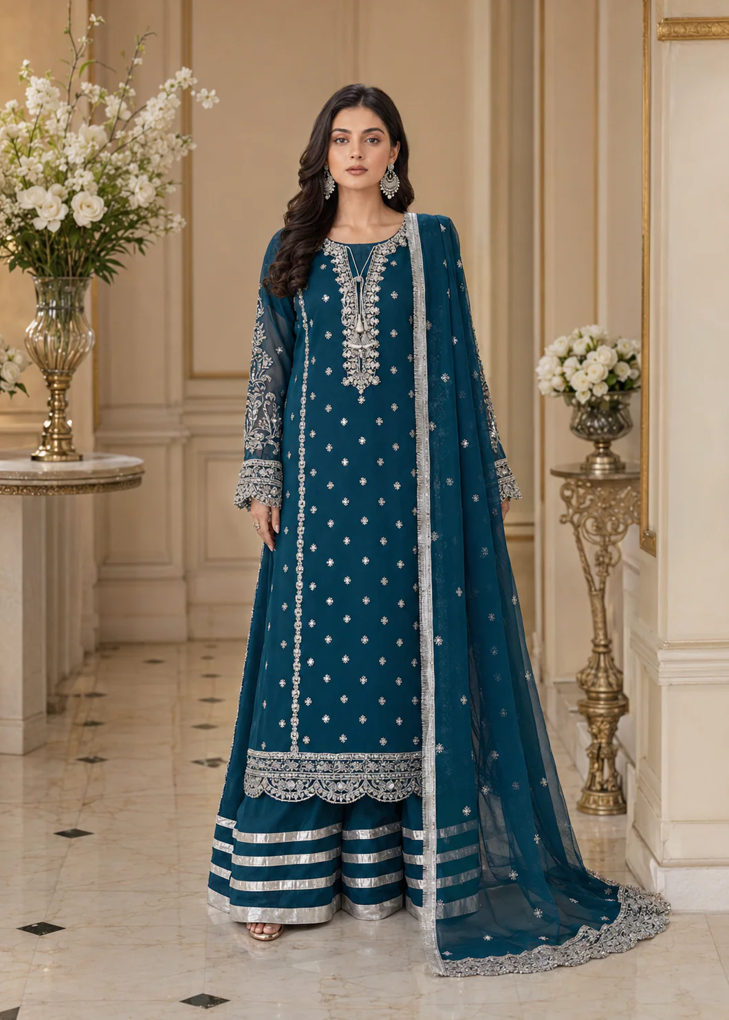 Teal Blue Embroidered 3-Piece Suit