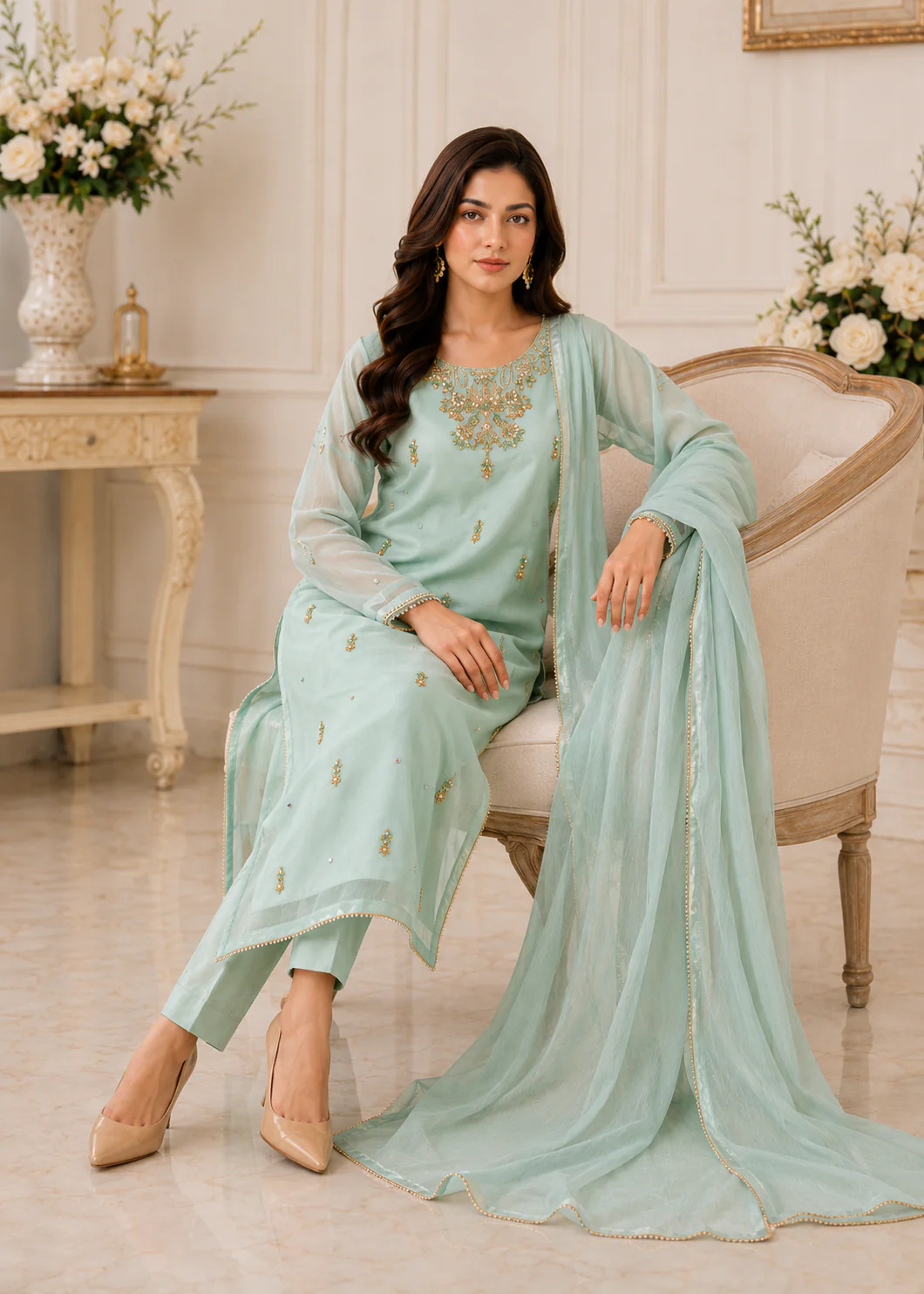 Mint Green Embroidered 3-Piece Suit