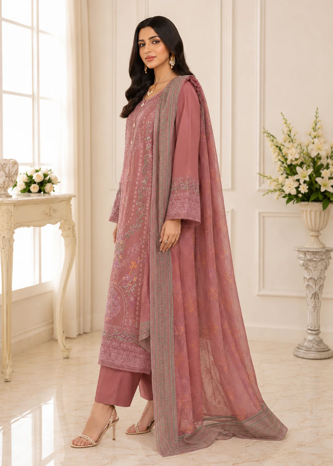 Dusty Rose Embroidered 3-Piece Lawn Suit