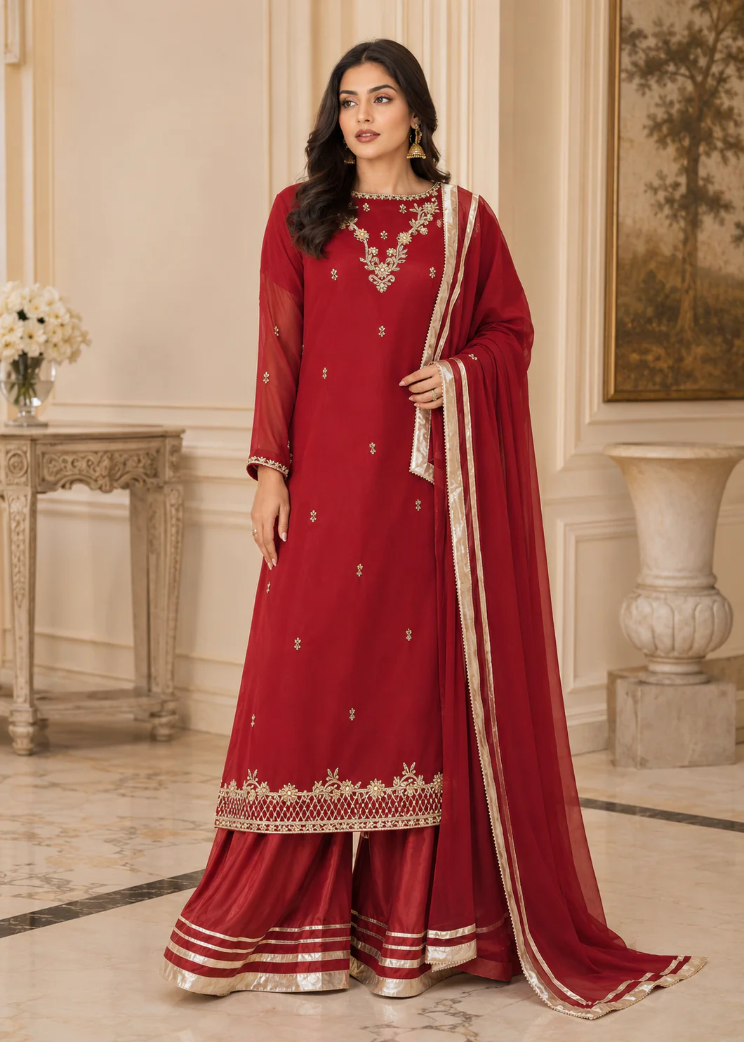Crimson Red Embroidered 3-Piece Suit