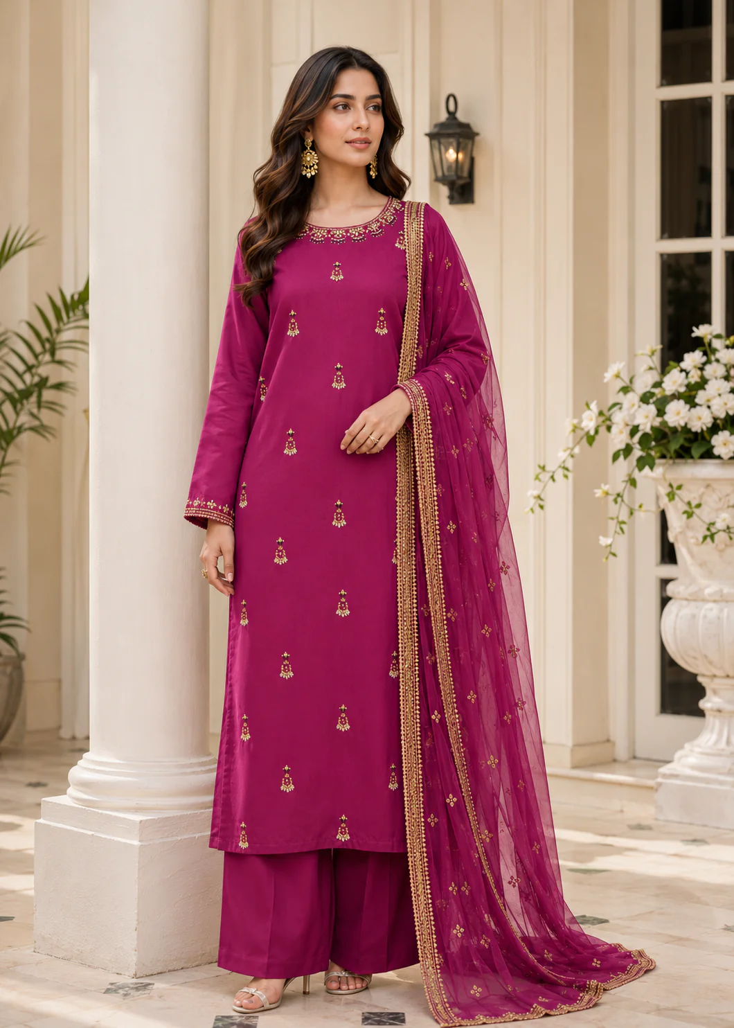Magenta Embroidered 3-Piece Lawn Suit