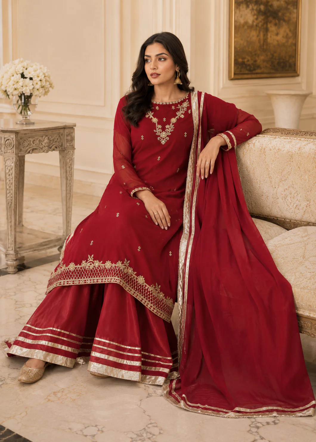 Crimson Red Embroidered 3-Piece Suit