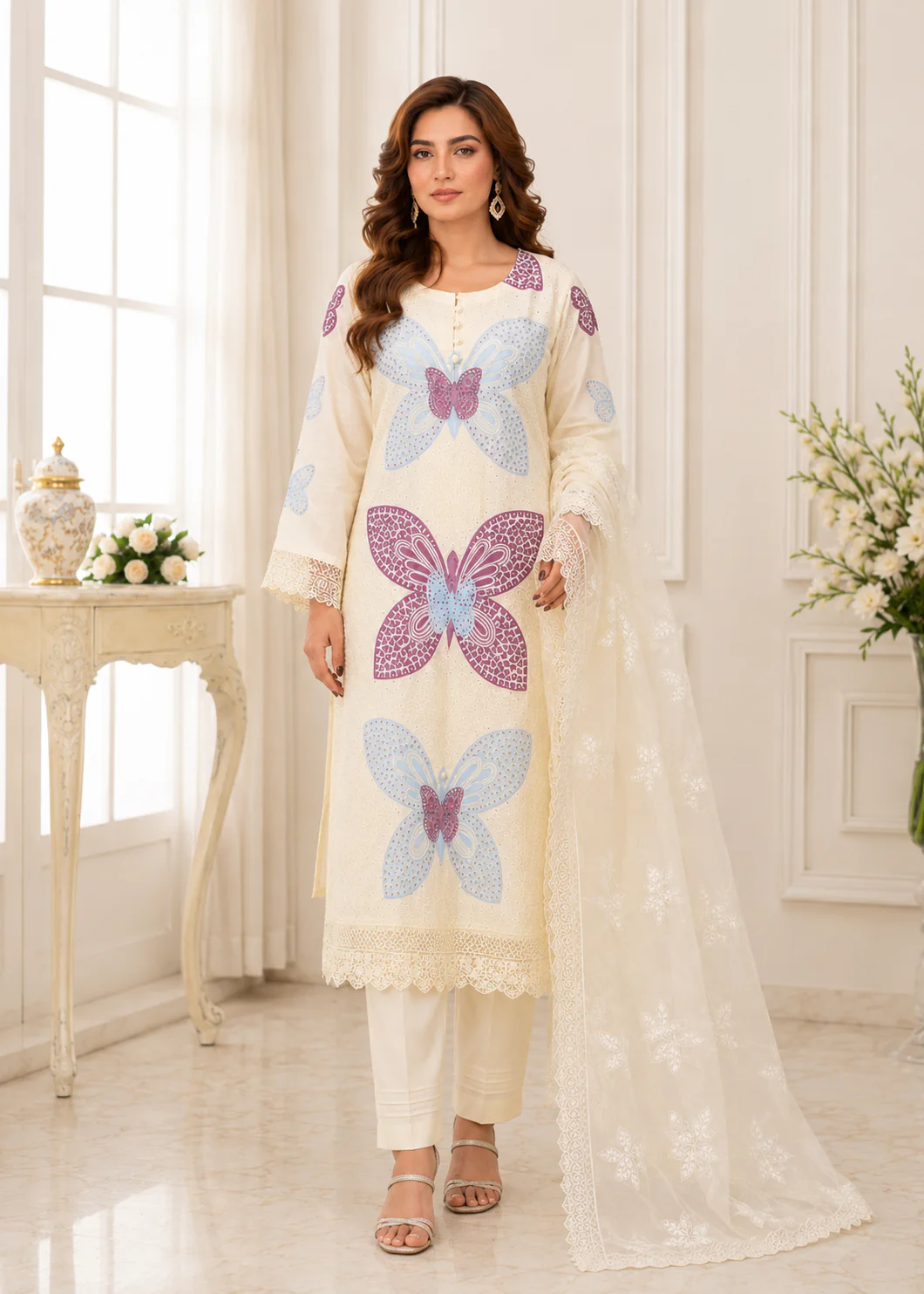Ivory Butterfly Printed 3-Piece Lawn Suit