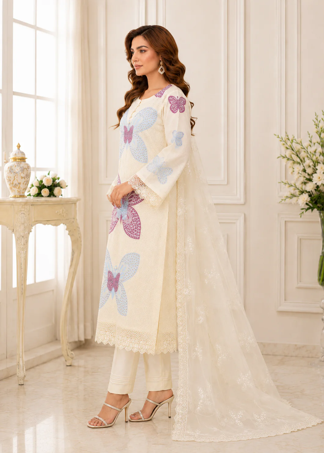 Ivory Butterfly Printed 3-Piece Lawn Suit