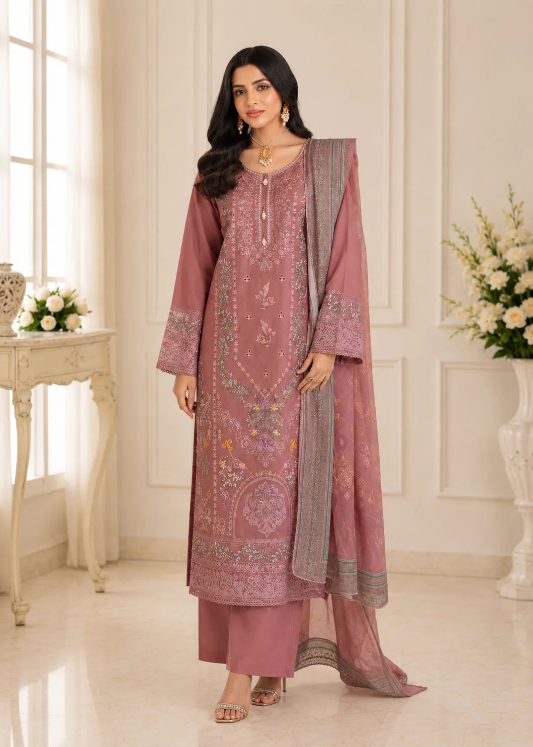 Dusty Rose Embroidered 3-Piece Lawn Suit