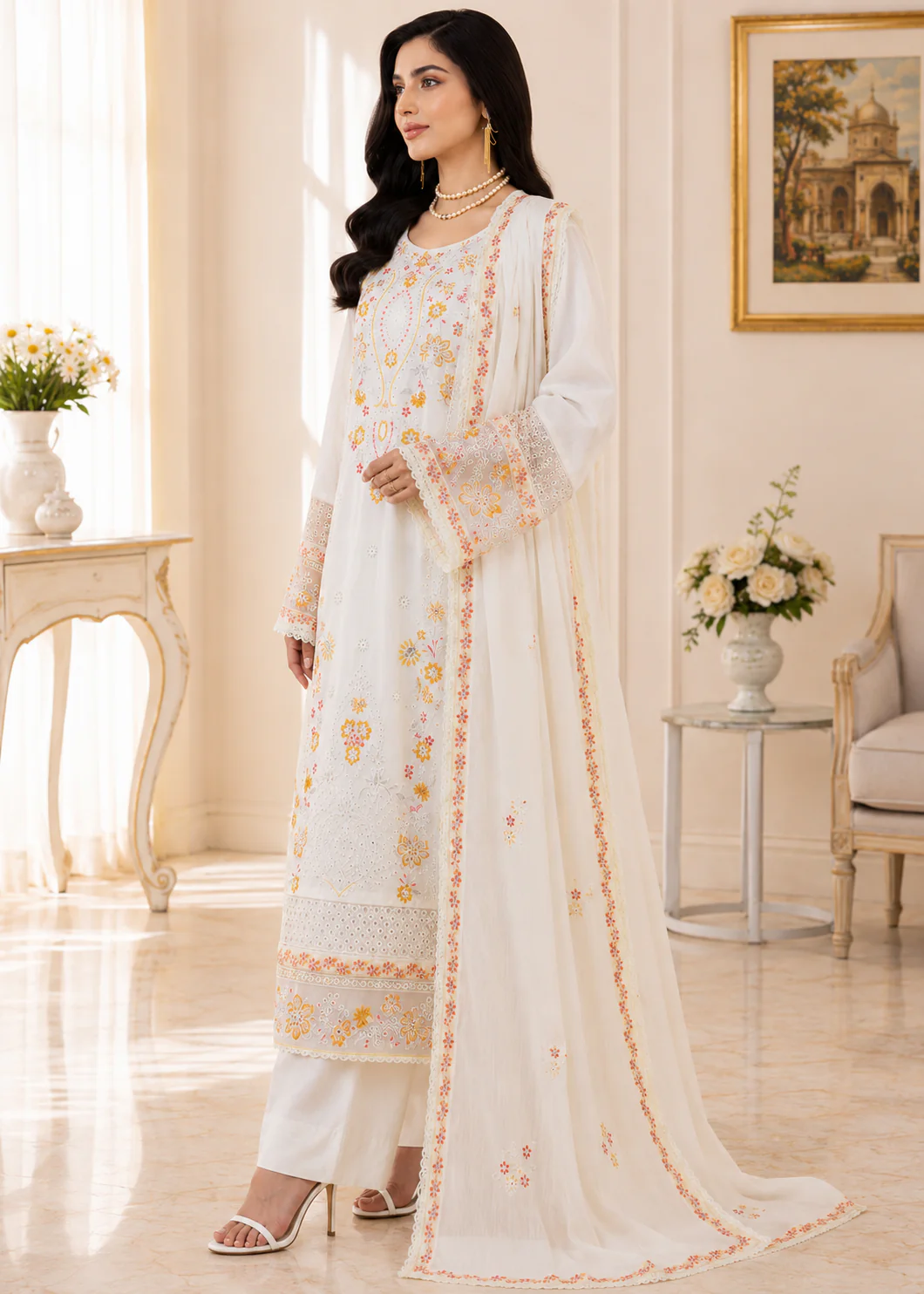 Ivory Floral Embroidered 3-Piece Lawn Suit