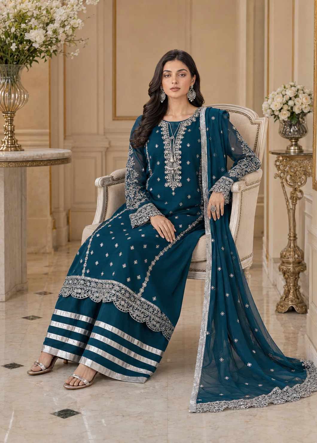 Teal Blue Embroidered 3-Piece Suit