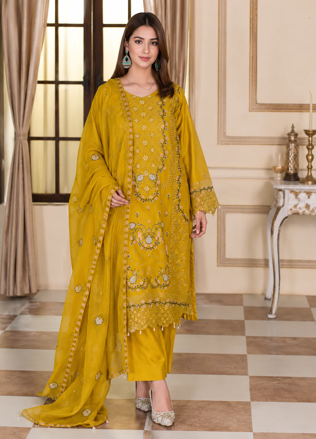 Mustard Traditional Embroidered 3-Piece Lawn Suit