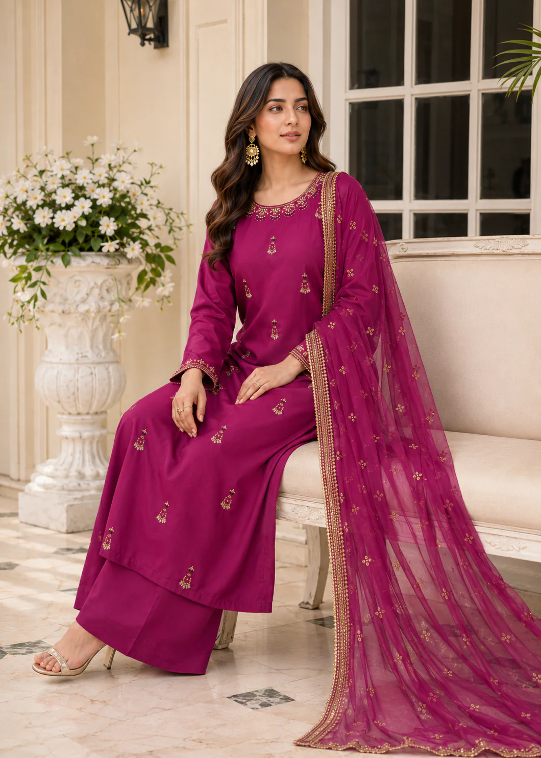 Magenta Embroidered 3-Piece Lawn Suit
