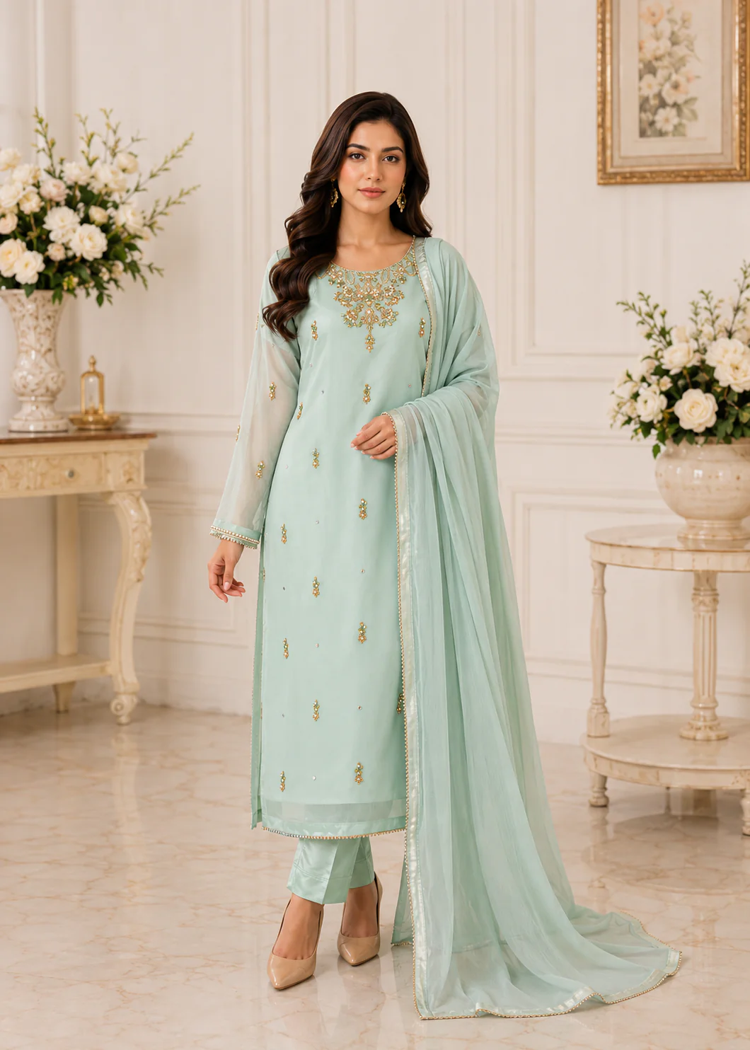 Mint Green Embroidered 3-Piece Suit