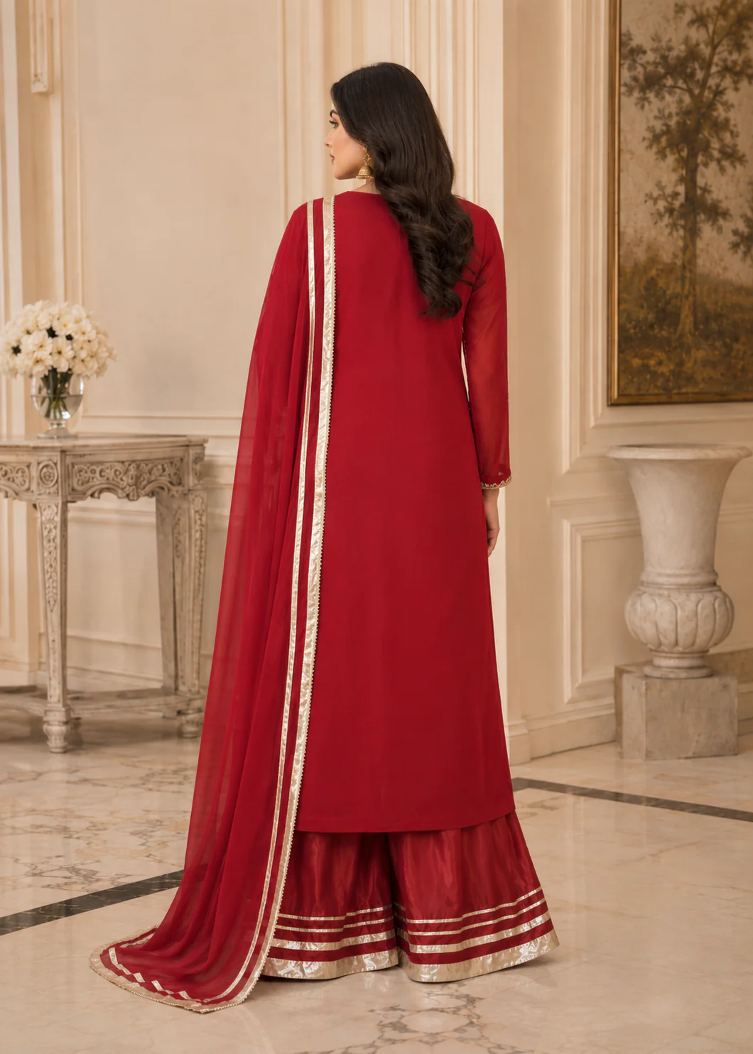 Crimson Red Embroidered 3-Piece Suit