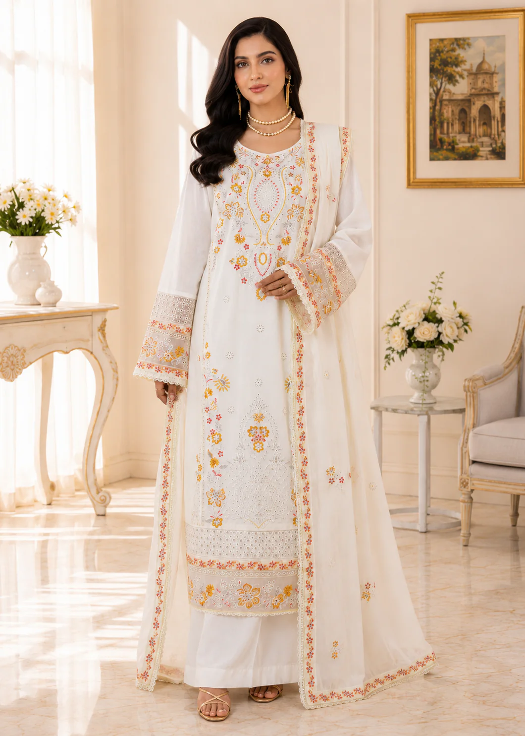 Ivory Floral Embroidered 3-Piece Lawn Suit
