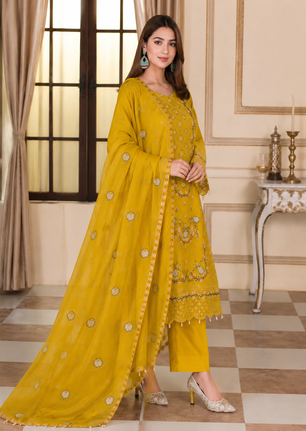 Mustard Traditional Embroidered 3-Piece Lawn Suit